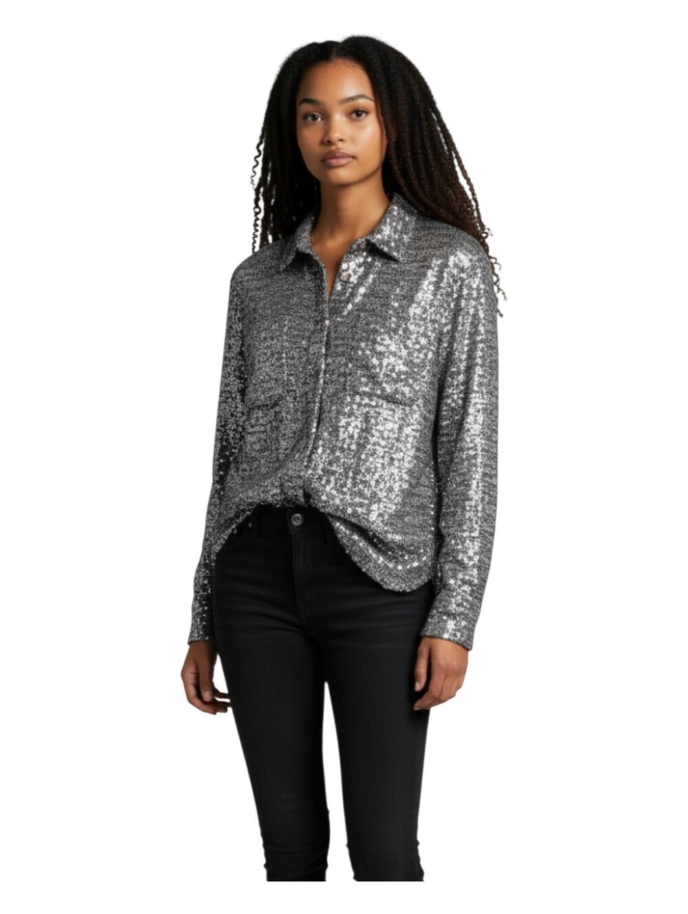 Pilcro Anthropologie Womens Silver Glam Casual Sequins Buttondown Shirt Medium